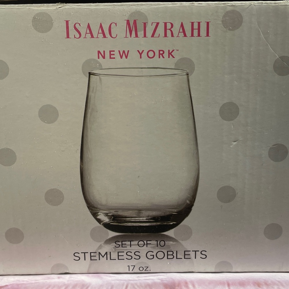 Isaac Mizrahi Merlot Stemless Clear Glass Goblets Boxed Set of 10 - Picture 3 of 6